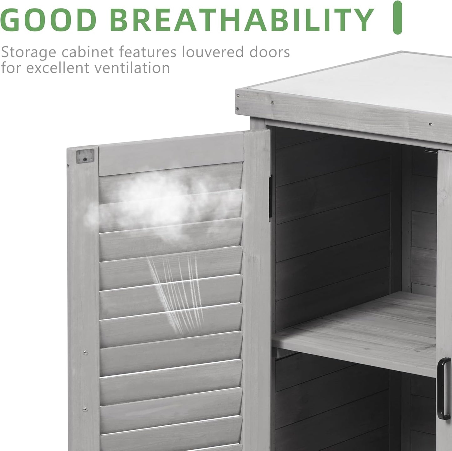 Potting Bench with Storage Cabinet and Metal Table Top for Outdoor Patio, Garden Furniture Wood Workstation