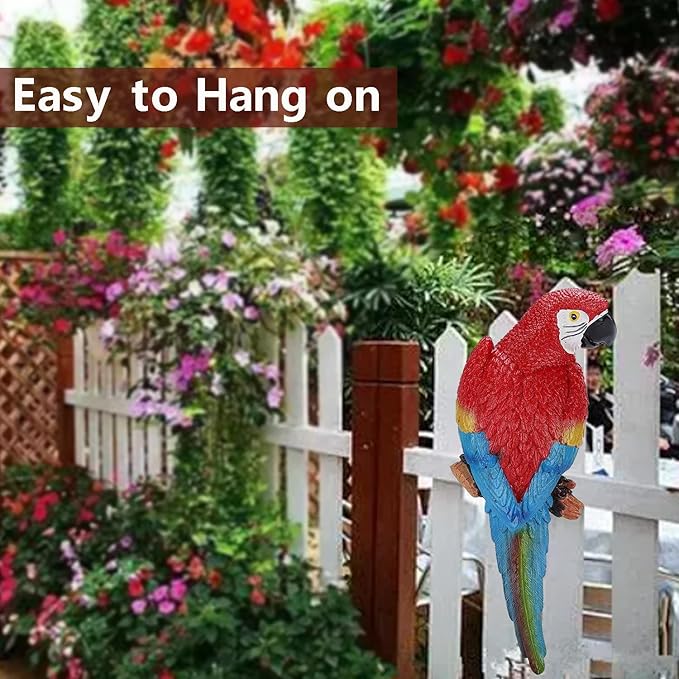 Parrot Decor Tiki Decorations for Outside Patio, Large Realistic Parrot Statues for Pool Deck Garden Yard Lawn, Lifelike Bird Sculpture Tropical Animal Figurines for Tree Wall Decor(Red)