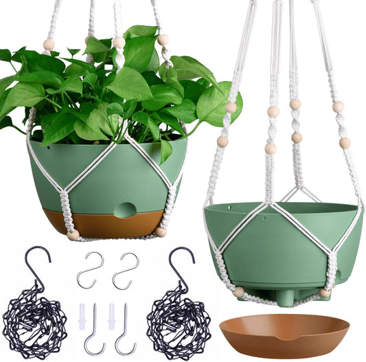 Set of 2-10 Inch Hanging Planters for Indoor Plants with Self-Watering Includes Hanging Pots for Plants, Outdoor Hanging Plant Pot with Drainage, and 2 Types of Baskets Hangers (Green, 10inch)