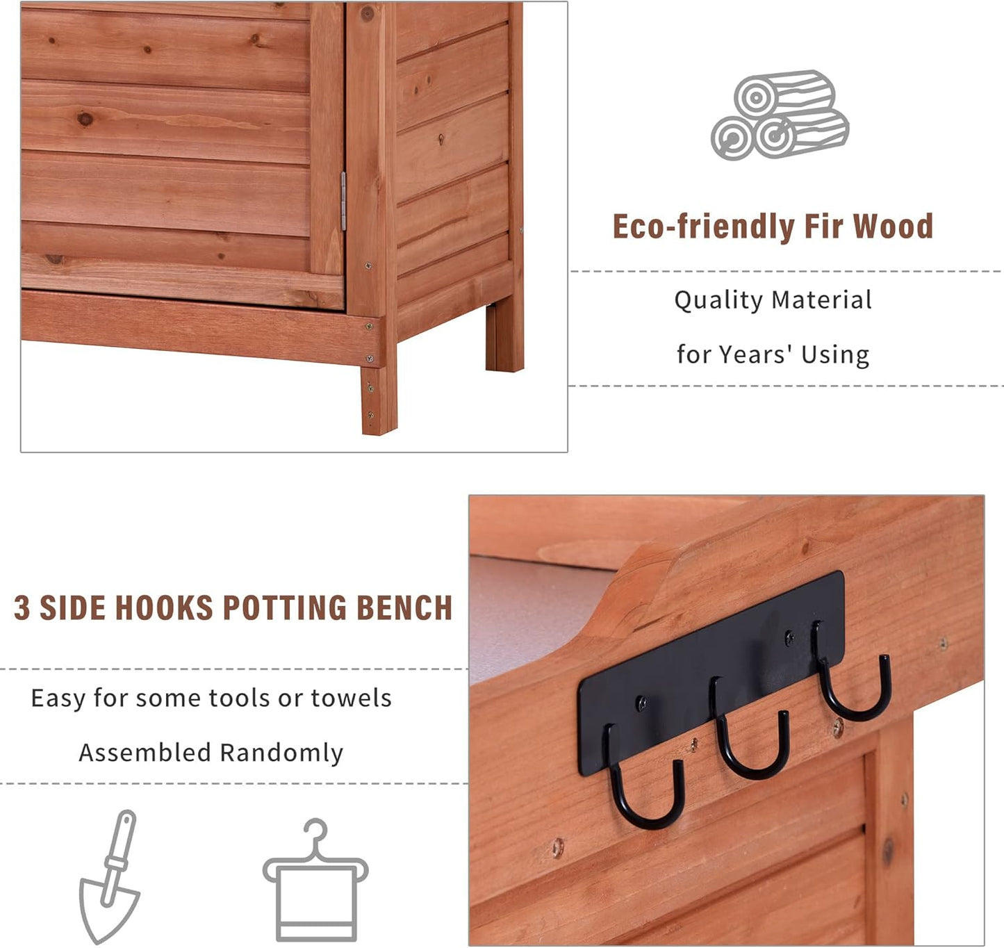 Merax Outdoor 39" Potting Bench Table, Rustic Garden Wood Workstation, Storage Cabinet with 2-Tier Shelves and Side Hook, Orange