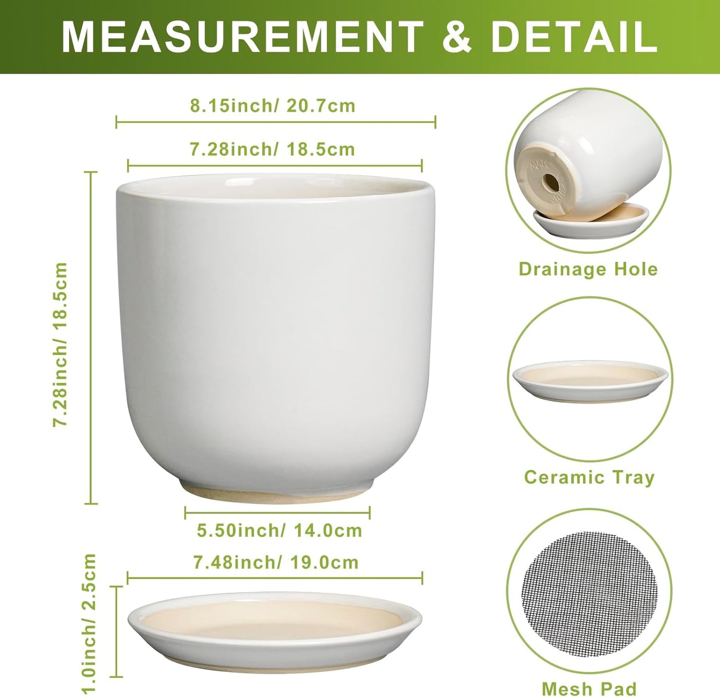 Ceramic Plant Pot - Modern 8 Inch Round Planter for Indoor Outdoor Plants with Drainage Hole and Saucer, Home House Room Office Decor, White