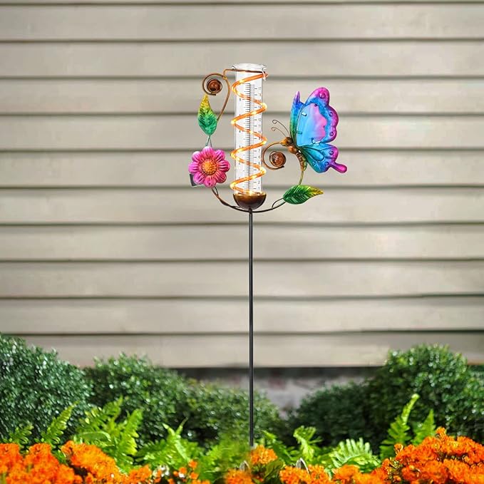 LEWIS&WAYNE 36.3” Butterfly Rain Gauge Outdoor, 7” Glass Tube Solar Powered 10 Warm White LEDs Garden Metal Stakes Decorative Waterproof for Yard Garden Patio Lawn