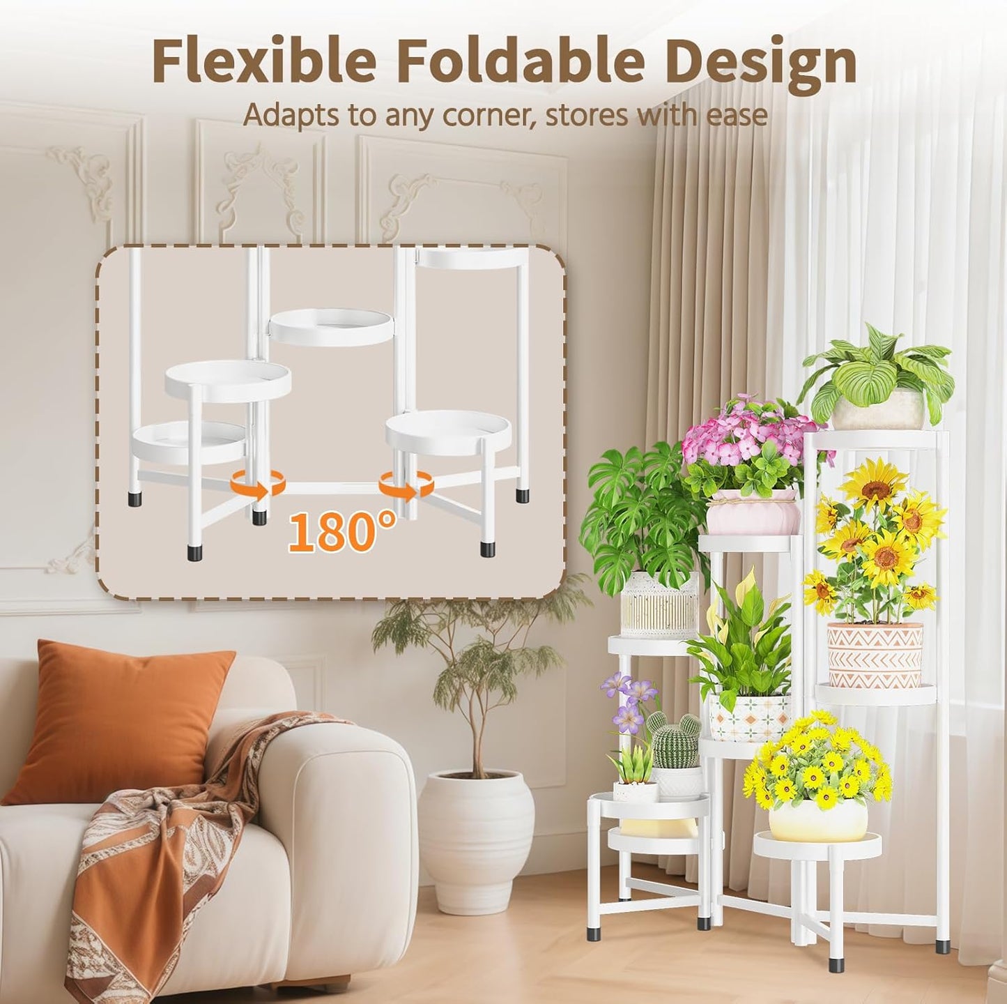 LASZOLA 8 Tiered Folding Plant Stand Indoor for Multiple Large Planter, Tall Heavy Duty Adjustable Rack with Rust Proof 10 Inch Wide Tray, Sturdy Vertical Tree Organizer for Narrow Inside Floor, White