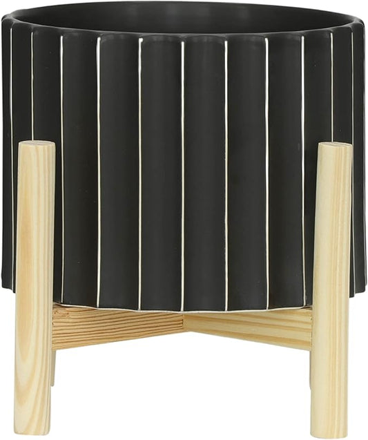 Sagebrook Home 8" Ceramic Planter - Black Planter Elevated on Wooden Stand with Fluted Design - for Indoor or Outdoor Plants, Great Gift Idea for Plant Lovers