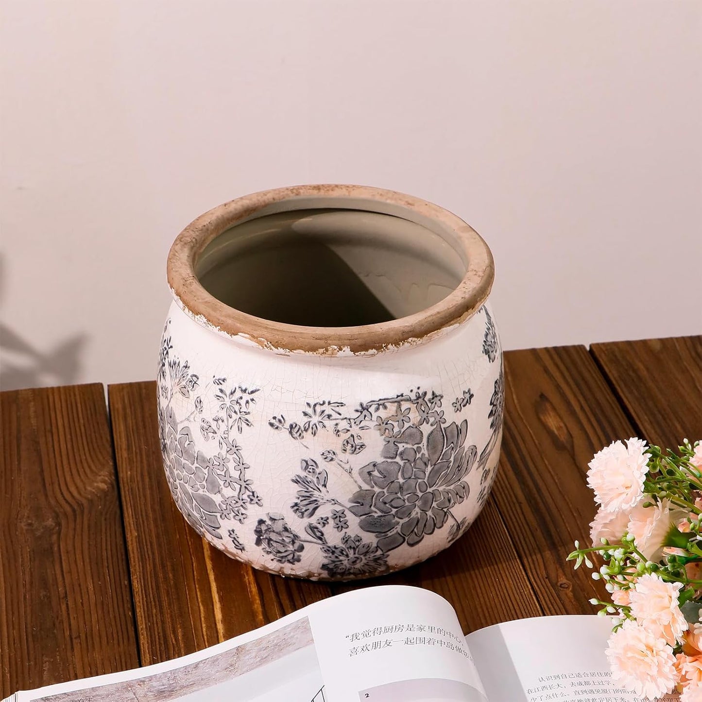 Vintage Grey Ceramic Ice Crack Flower Pot with Drainage Holes, Country Rustic Planters for Indoor and Outdoor,Tuscan Decor,Home,Living Room, Garden Decor, Gardening Gift