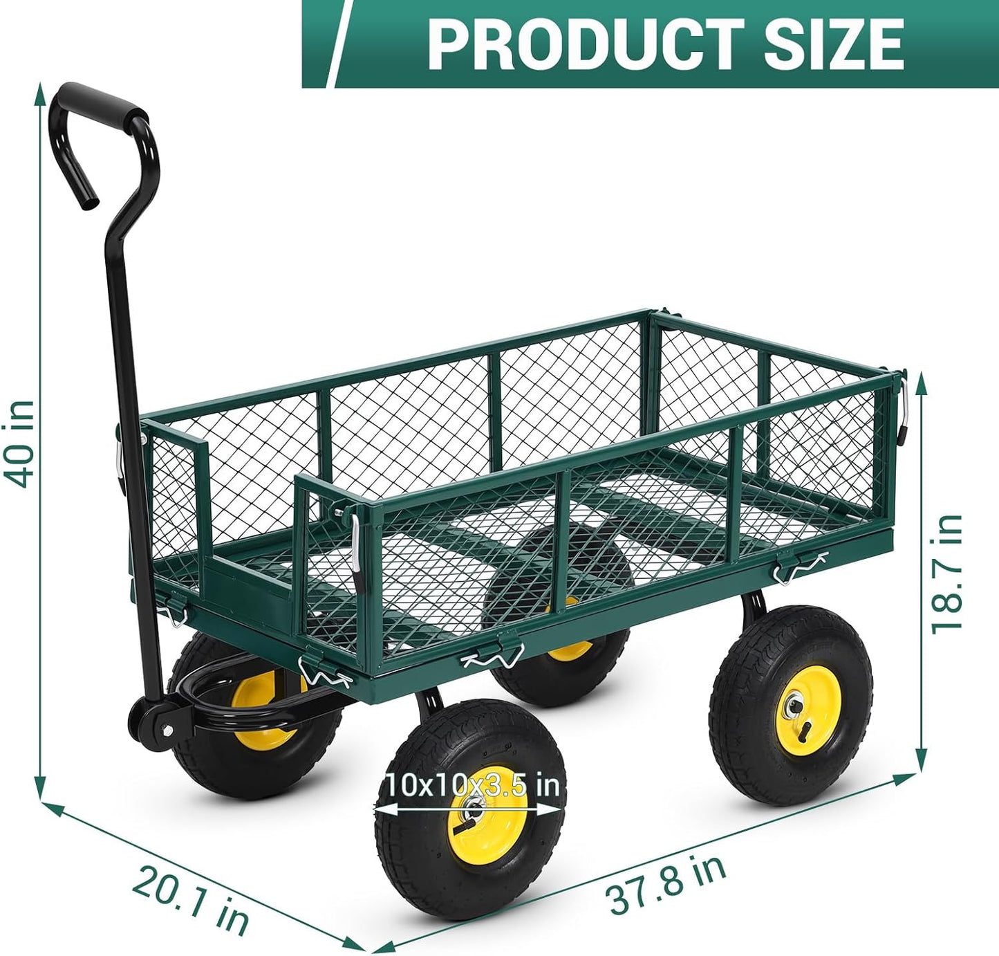 Steel Garden Cart on Wheels, 880LBS Pullable Metal Garden Wagon, 180° Rotating Handle and Removable Sides for Outdoor, Farm, Yard, Beach