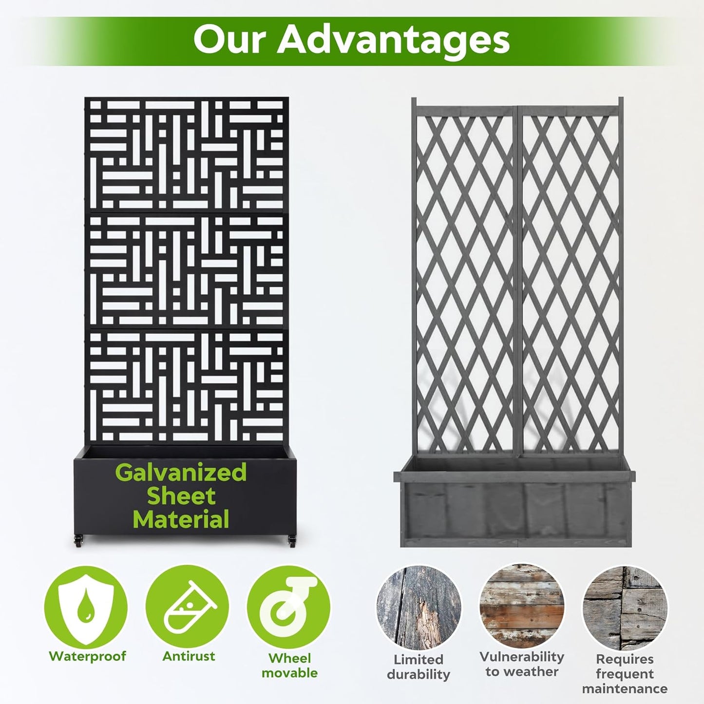 Metal Planter Box with Trellis,71”Raised Garden Bed with Trellis Privacy Screen and Drainage.Wheeled for Patio Flexibility,Perfect for Climbing Veggies/Flowers.DIY-Friendly Design