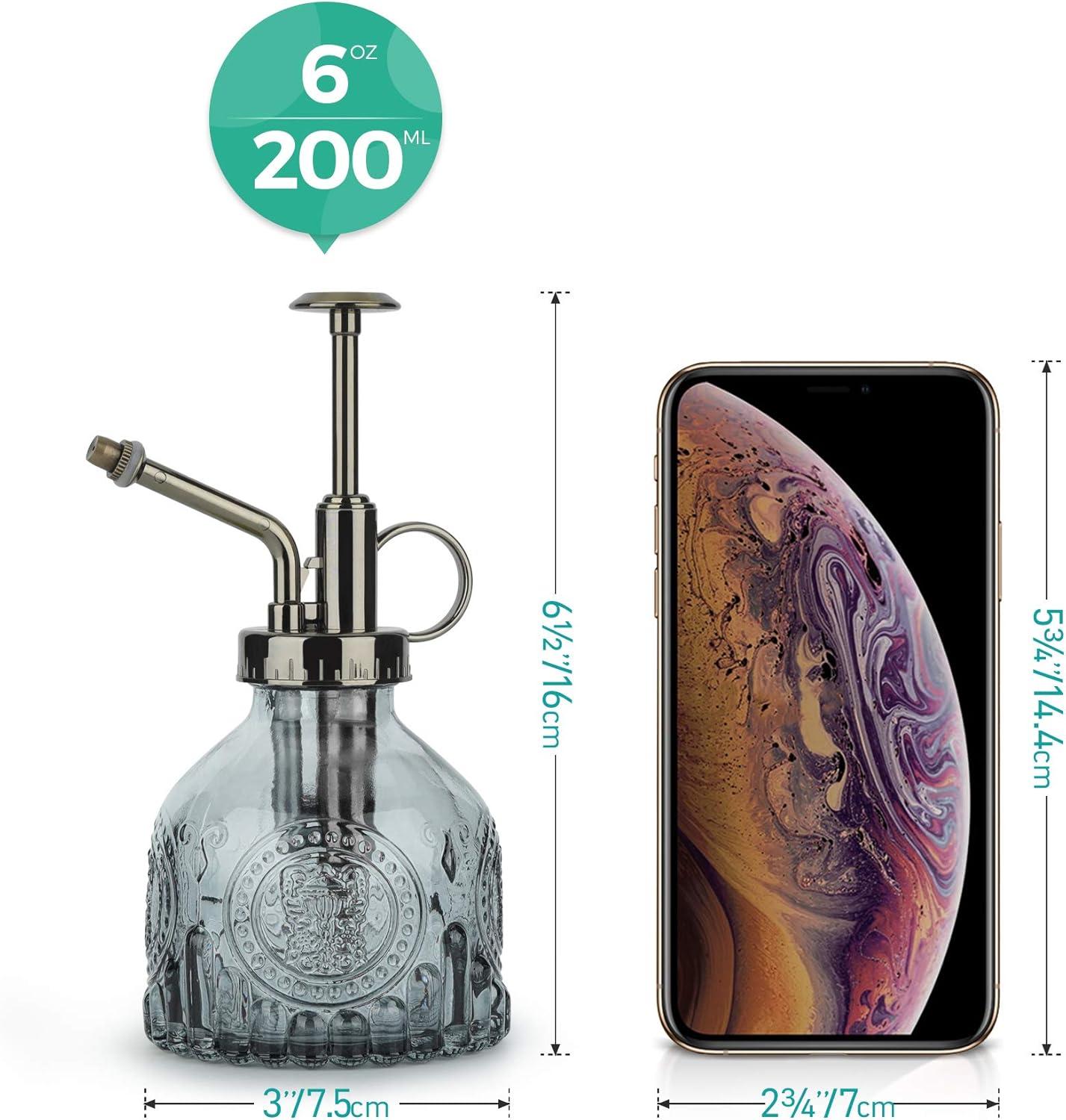 T4U Glass Plant Mister 200ML, Vintage Spray Bottle with Top Pump Fine Mist Garden Flower Sprayer Small Decorative Spritzer Watering Can Gift for Indoor Outdoor Succulent House Plant (Grey)