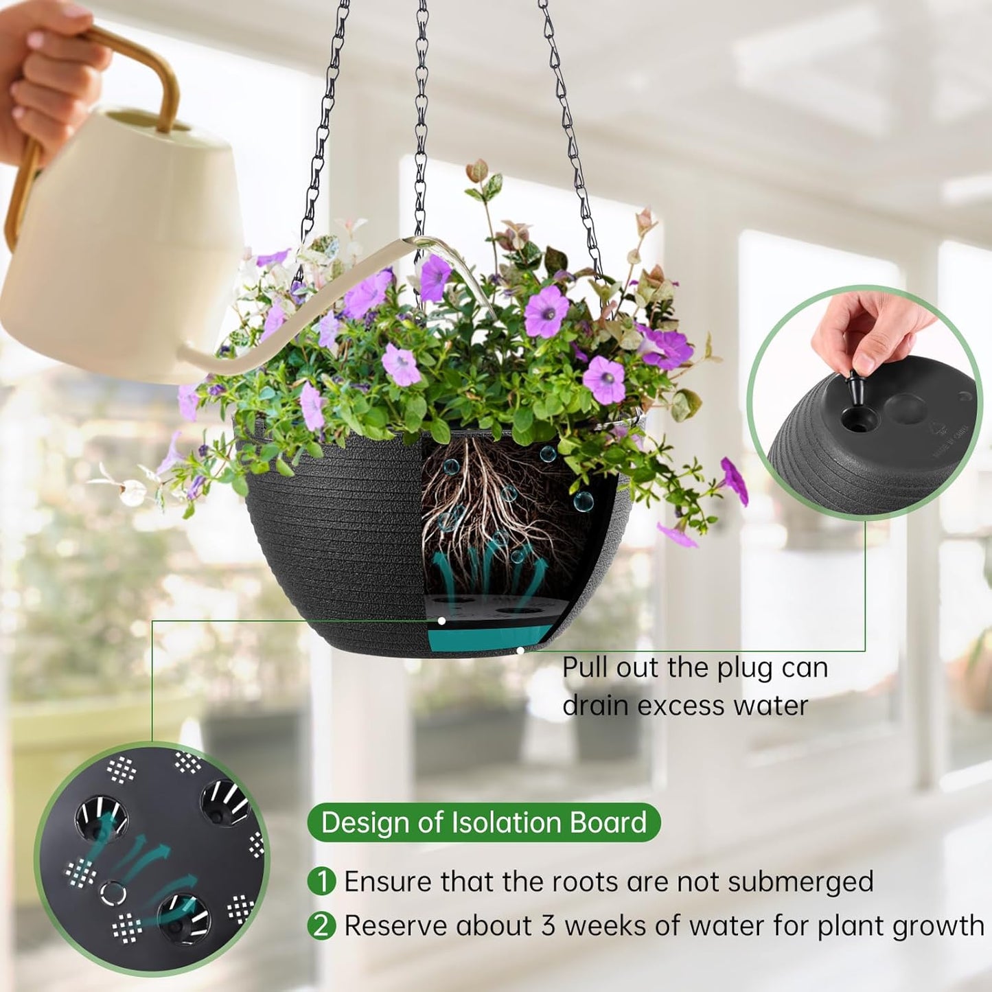 Hanging Planters for Indoor Outdoor Plants, Set of 2 Self Watering Hanging Pots with Drainage Hole & Plug and 20" Chain & Hooks