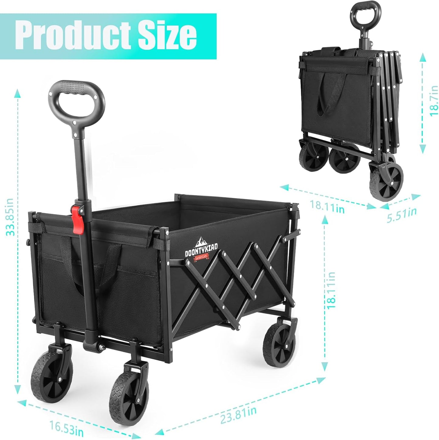 Collapsible Wagon, 360lbs Load Capacity, Small Wagon carts Foldable with Wheels, Heavy-Duty Steel Frame, 600D Oxford Fabric, Ergonomic Handle, Wear-Resistant, Perfect for Outdoor, Garden, Grocery