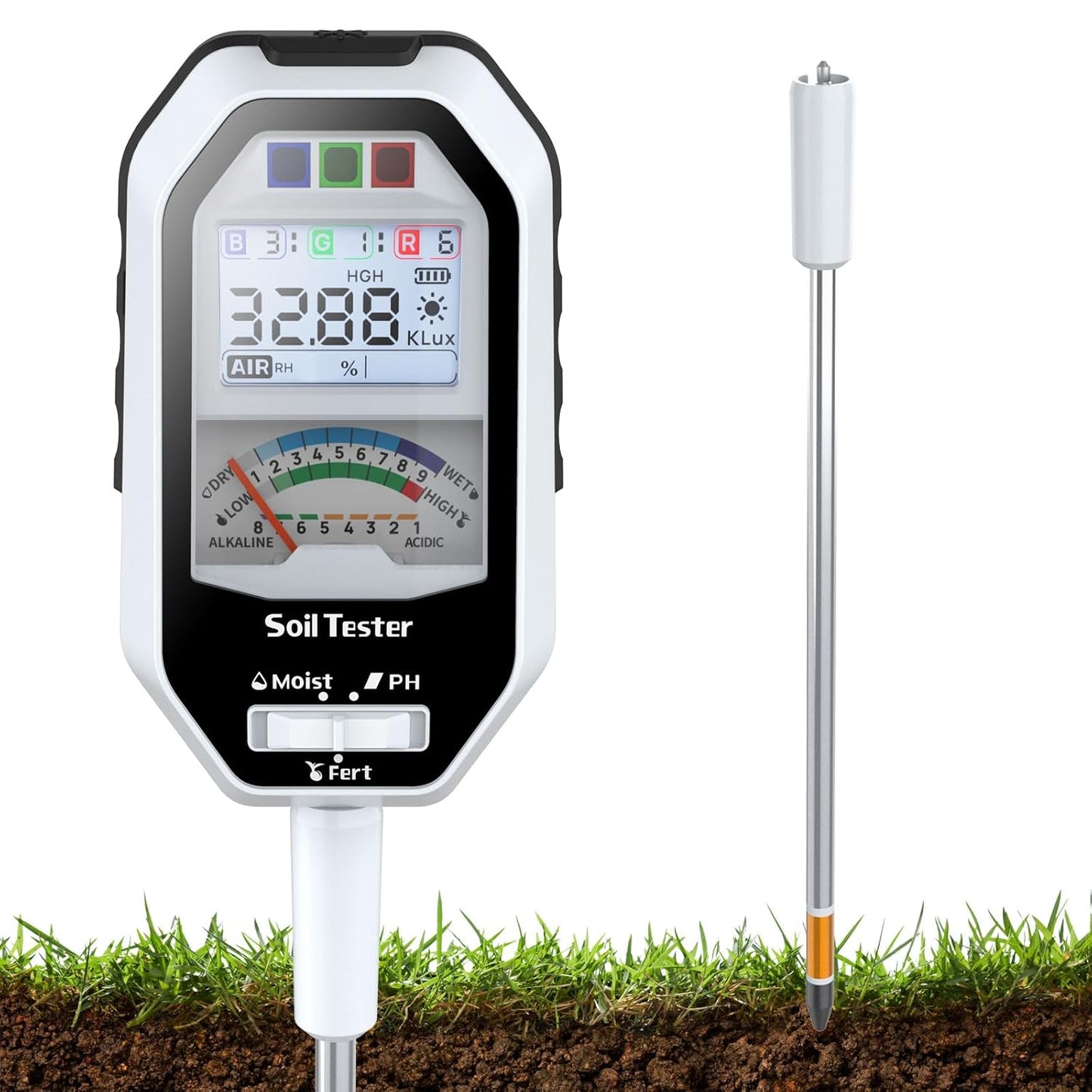 Soil Moisture Meter, 7-in-1 Soil PH Tester/Soil Moisture/Fertility with Removable Probe, Digital Air Temp/Humidity/Sunlight Intensity/BGR Spectral for Plants Gardening, Lawn and Indoor Outdoor Plants