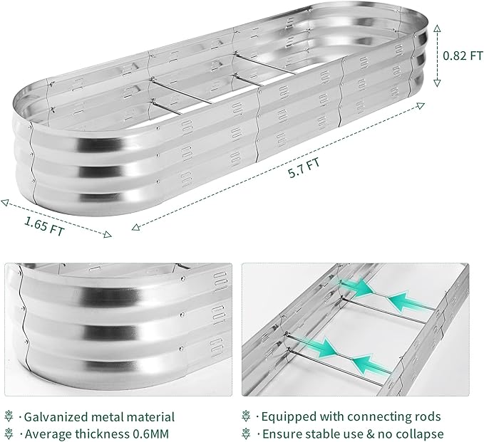 POTEY Galvanized Raised Garden Bed 2Pcs, Metal Planter Boxes Outdoor for Vegetables Flowers Herb, Oval Large Planter Raised Beds Kit with Weed Barrier Fabric and Soil Ventilation Holes (5.7L*1.7W FT)