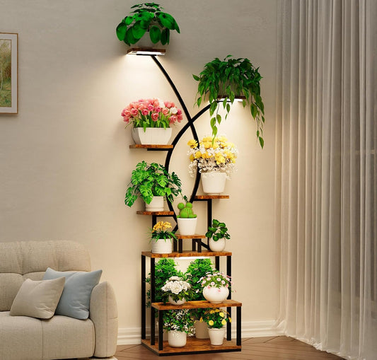 BTDVR X-Shaped Metal Plant Stand Indoor with Grow Lights, 9 Tiered Large Plant Shelf Display Rack Holder for Indoor Plants, Multi-Purpose 65" Tall Plant Stands for Home