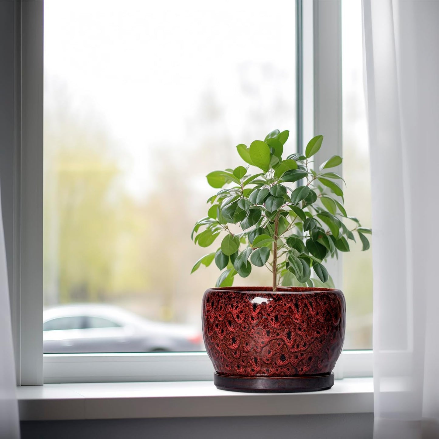 SQOWL Ceramic Plant Pots - 8 inch Planter with Drainage Hole and Tray, Round Ceramic Planter for Indoor Outdoor, Modern Decorative Flower Pot, Home Room House Decor, Plant Lovers Gifts, Red