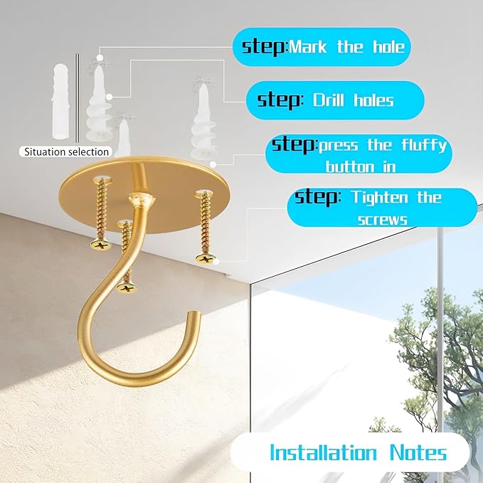 Ceiling Hooks for Hanging Plants-Metal Heavy Duty Wall Mounted Hangers for Hanging Bird Feeders, Planters, Wind Chimes, Include Professional Drywall Anchors (3-Pack) (Gold)