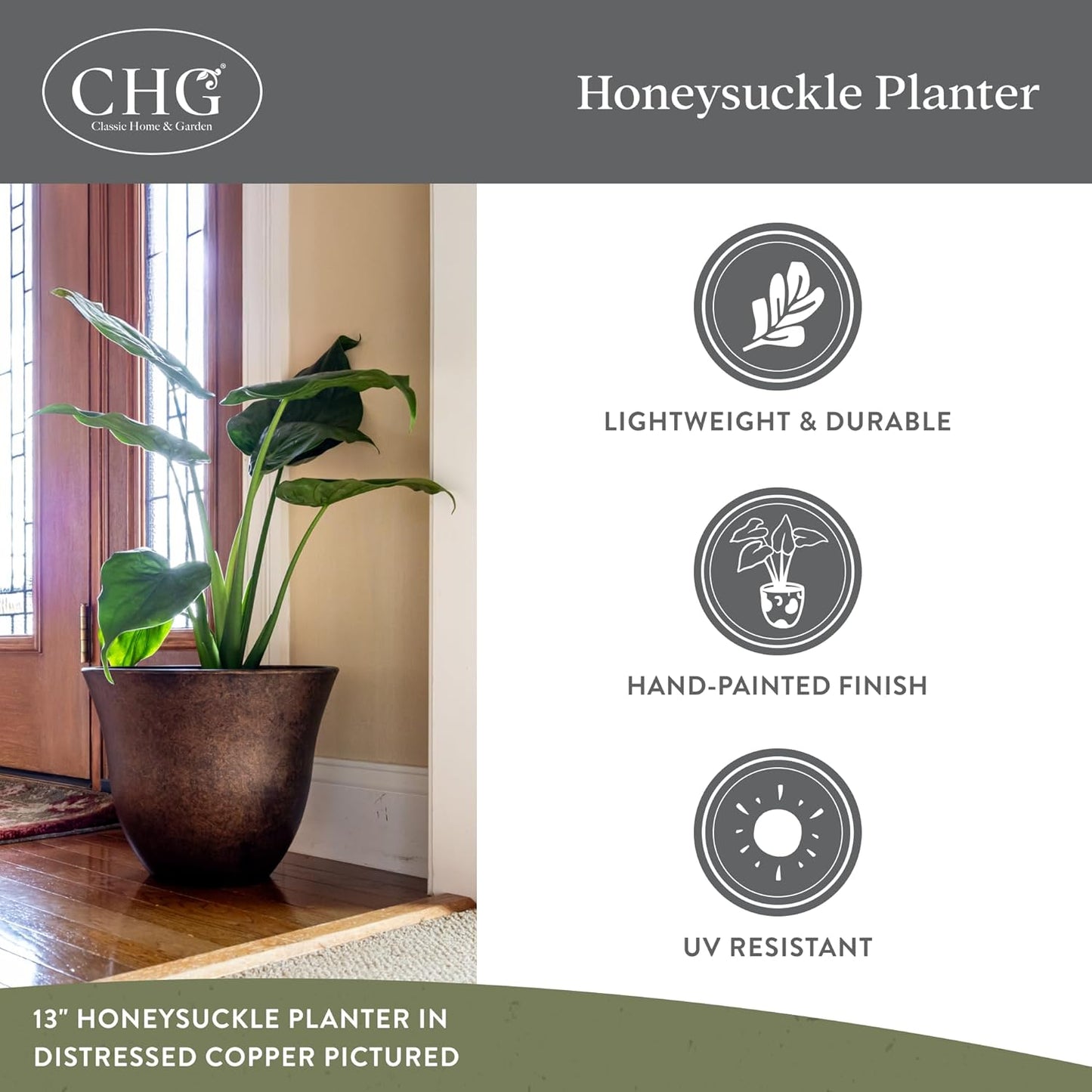 Classic Home and Garden Honeysuckle Resin Planters - Lightweight Indoor & Outdoor Plant Pots - UV-Resistant Plastic Flower Pots - Pot Planters for Flowers & Herbs (15" Grained Beige)