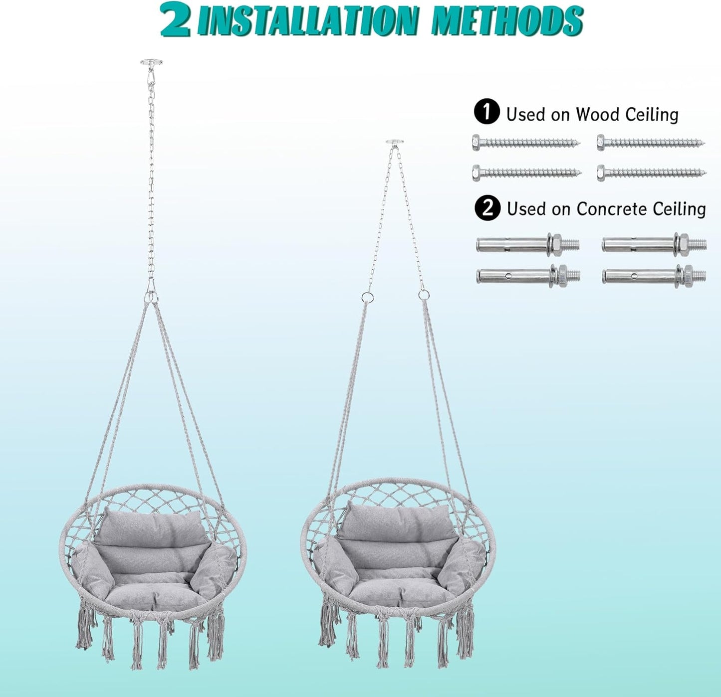 Macrame Hammock Hanging Swinging Chair with Medium Cushion, Perfect for Bedroom, Porch, Adults, Balcony, Grey