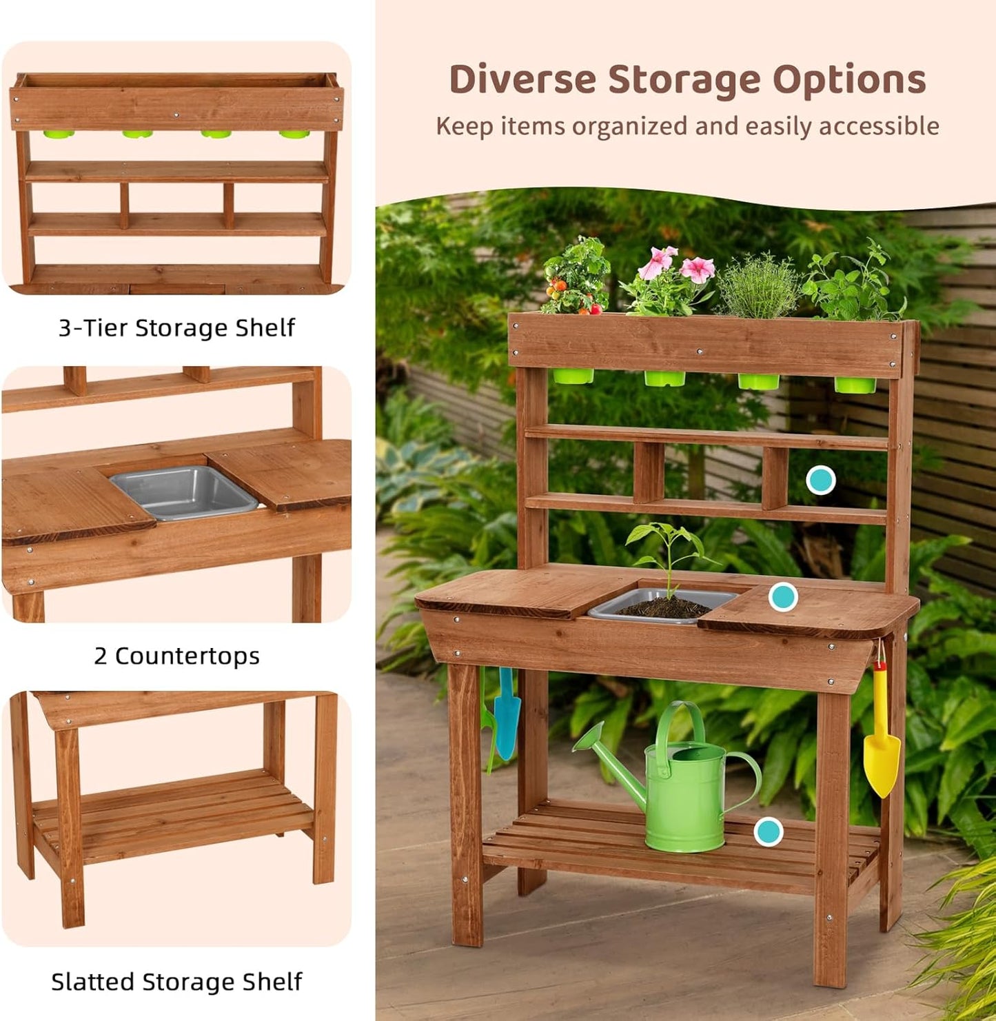 OOOK Potting Bench with Removable Sink, Potting Benches for Outside, Mud Kitchen for Kids Outdoor with Gardening Tools, Watering Can, Flower Pot, Ideal Gift for Boys and Girls 3+, Solid Fir Wood