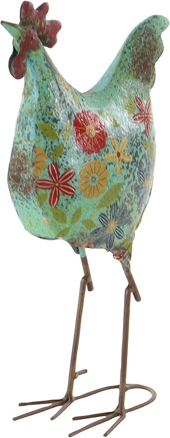 Deco 79 Metal Rooster Decorative Garden Sculpture Indoor Outdoor Distressed Standing Garden Statue with U Shaped Feet, Outdoor Sculpture 10" x 5" x 17", Green