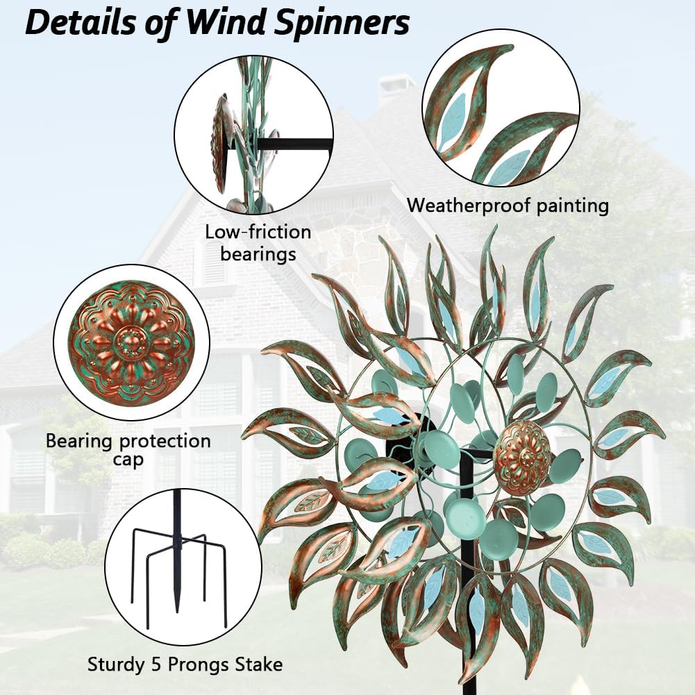 DREAMSOUL 24" Dia Large Wind Spinners Outdoor with 5 Prongs Stake, Metal Kinetic Wind Spinners for Yard and Garden