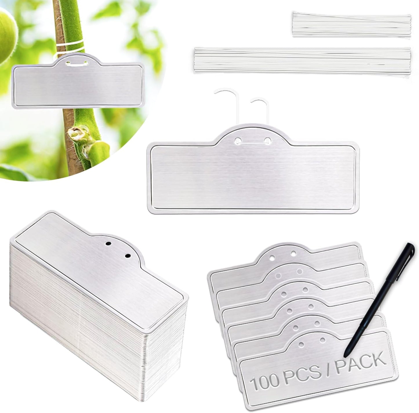 Metal Plant Labels, Aluminum Plant Tags, Tree Markers for Outdoor Garden, Waterproof (3-1/2", 100 Pcs, Two Wire Sizes)