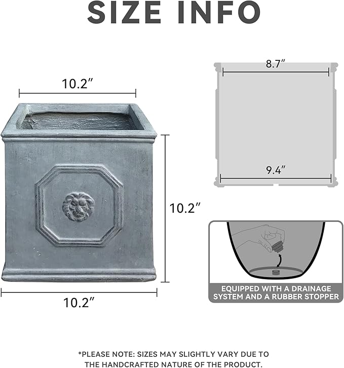 Kante Square Lion Head Concrete Planter, Classic English Style Plant Pot with Drainage Hole and Rubber Plug for Indoor Outdoor Garden Patio Home, 10.2"x10.2"x 10.2" Antique Gray