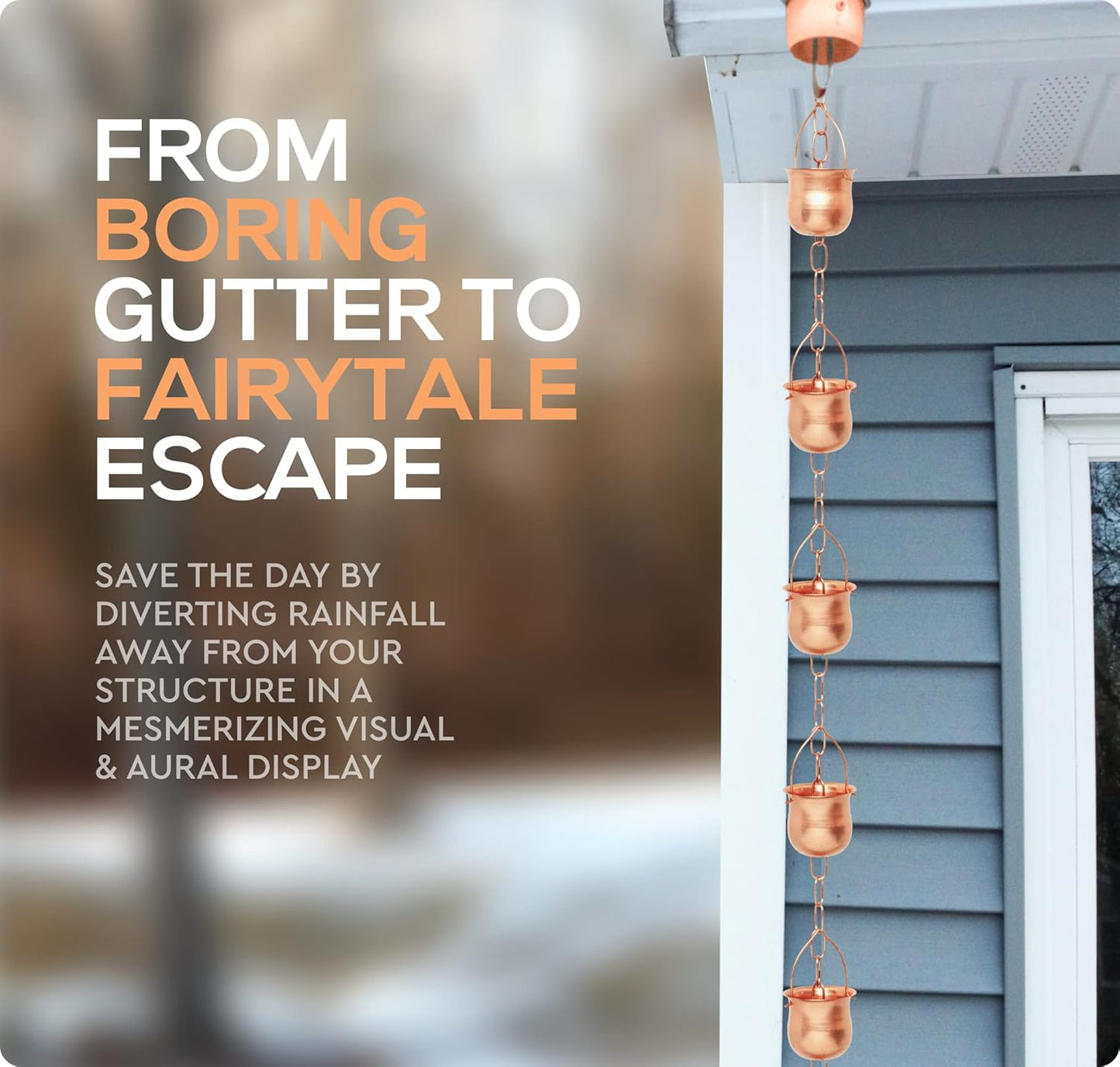 Copper Rain Chain – Decorative Chimes & Cups Replace Gutter Downspout & Divert Water Away from Home for Stunning Fountain Display – 8.5’ Long for Universal Fit – Pot Style