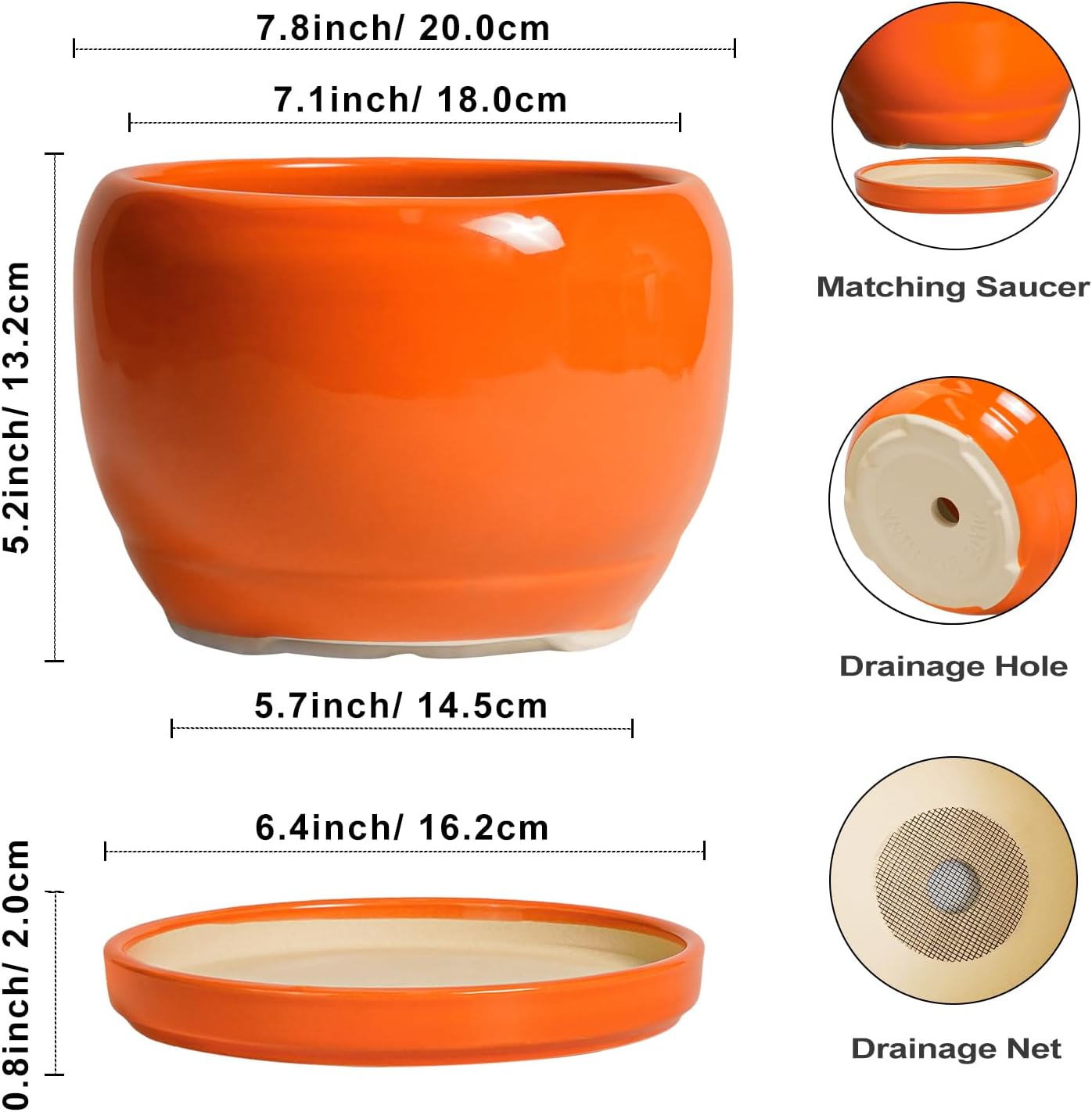 SQOWL Ceramic Pot for Plants - 8 Inch Plant Pot Indoor Outdoor, Modern Round Planter with Drainage Hole and Saucer, Decorative Planter for Flower, Office Decor, Garden Gifts for Women, Orange