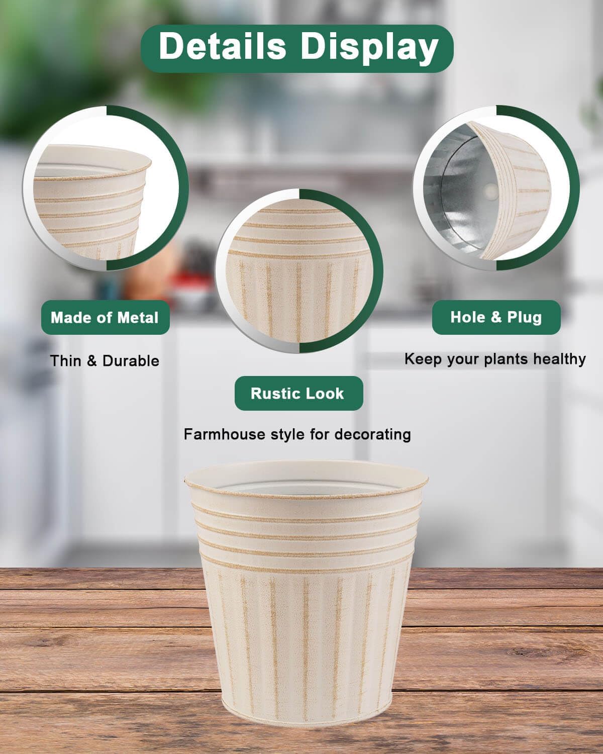 vensovo 4 Inch Beige Metal Rustic Flower Pots - 6Pcs Small Galvanized Planters with Drainage Hole and Rubber Plug, Rustproof Metal Bucket Plant Pots Farmhouse Vintage Style for Decor