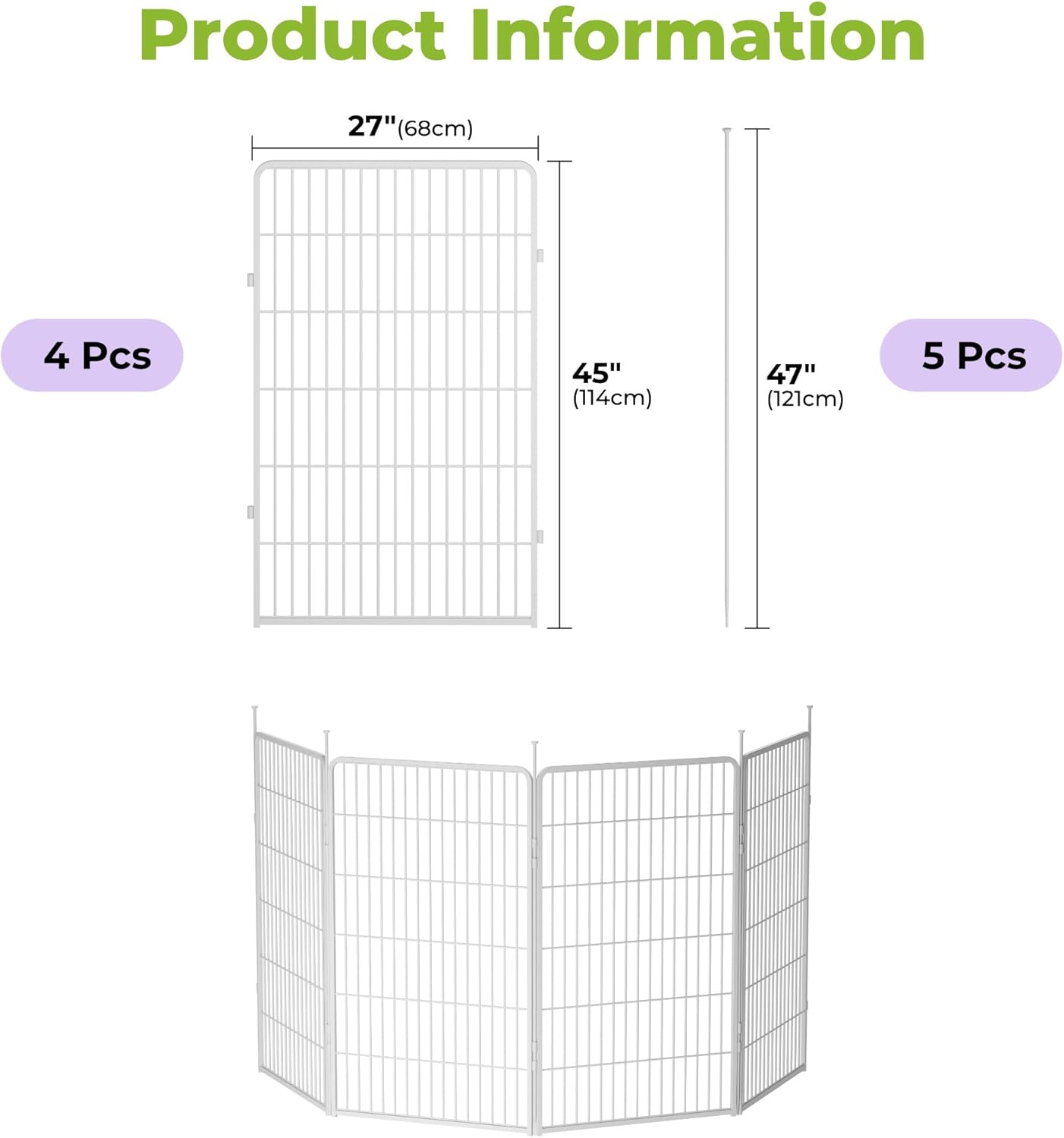 Doorless Garden Fence 45 in(H) x 8.9 ft(L) 4 Panels, Heavy Duty Metal Animal Barrier Fence, No Dig Fence for Dogs, Rabbit Fence for Garden, White