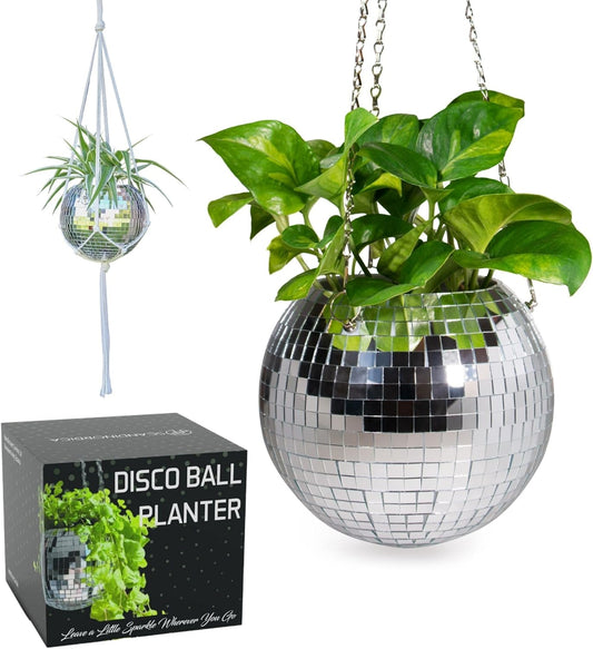 SCANDINORDICA Disco Ball Planter – Value Package: Disco Planter with Chain, Macrame Hanger and Acrylic Stand, Includes Self Watering Insert, Preppy Room Decor, Funky Decor | 8 inch Silver