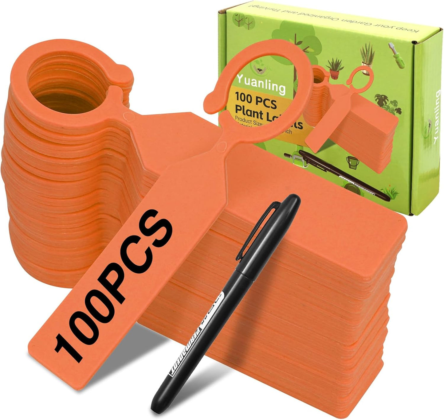 Plant Labels Yuanling 100Pcs Plastic Waterproof Plant Tree Tags Nursery Garden Markers for Indoor Outdoor Gardening Plants Vegetables Flowers Potted (Orange Color with 1 Marker Pen)