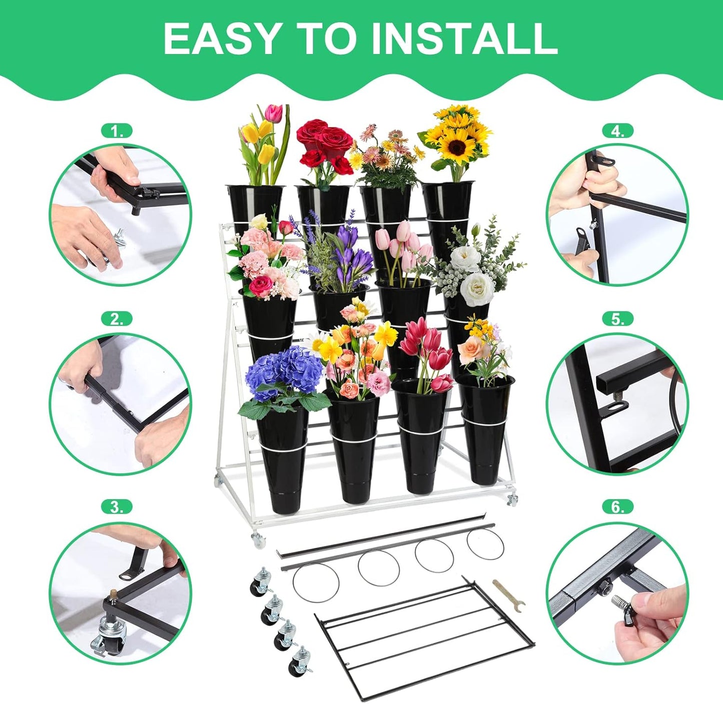 Flower Display Stand with Buckets, 3 layers Metal Plant Stand with Wheels, Moving Florist Bouquet Shelf for Fresh Flower Shop, for Patio Garden, Living Room, Outdoor Flower Pop-Up Events (White Frame - Black Bucket)