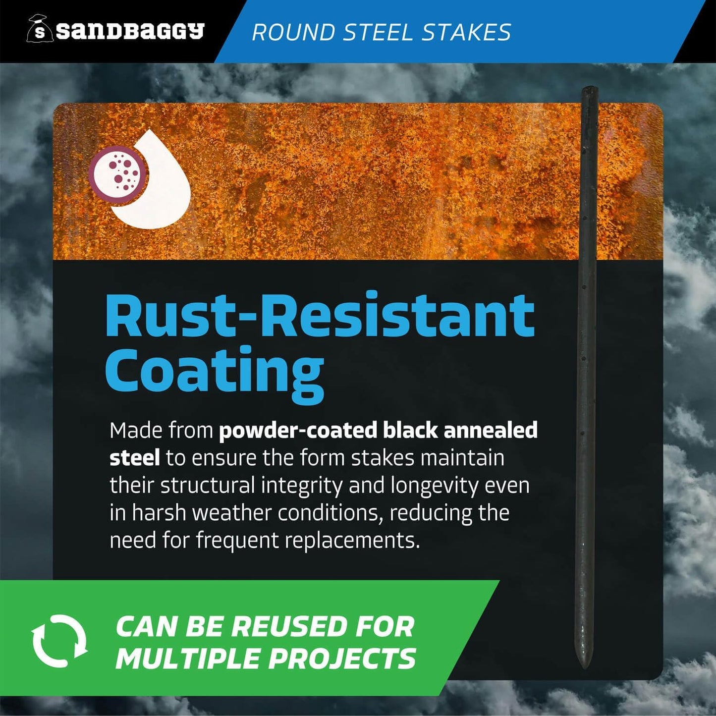 Sandbaggy Round Steel Concrete Form Stakes with Nail Holes - Rust Resistant Coating - Removable, Reusable (50, 3/4 in X 24 in)