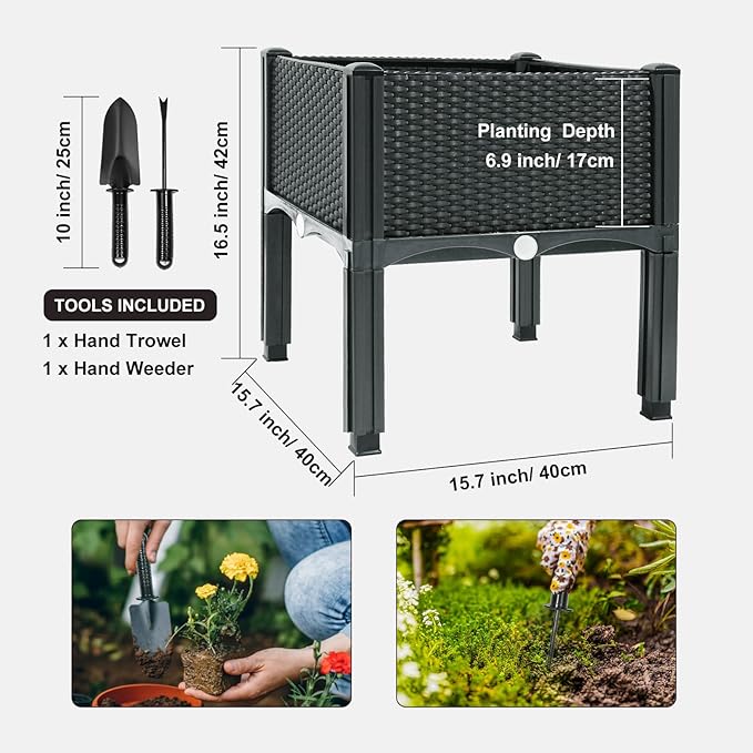 MAYOLIAH Raised Garden Bed with Drainage Elevated Planter Box Plastic Raised Beds for Gardening Vegetables Herb Flowers, Perfect for Indoor Outdoor Planting, 2 Boxes Grey