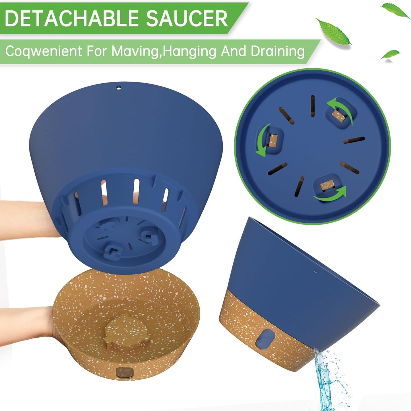 ZMTECH 2 Pack 10 Inch Hanging Planters for Outdoor Plants, Hanging Pots for Plants Indoor with Visible Water Level, Hanging Flower Basket with Drainage Holes & Removable Tray(Blue)