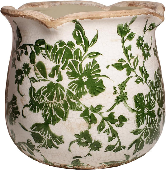 Ceramic Pots for Plants, Vintage Plant Pots with Drainage Hole, 6.11in. Planter for Indoor Plants, Crackle Glaze Finish Flower Pot, Perfect Tuscan Ceramic Planter for Gardening, Green