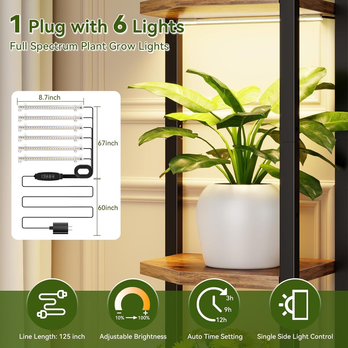 C1 Plant Stand Indoor with 6 Grow Lights, 6 Tiered Large Metal Plant Stand, 55 Inches Tall Plant Shelf with Hooks, Plant Holder Display Shelves for Patio, Garden, Living Room, Balcony