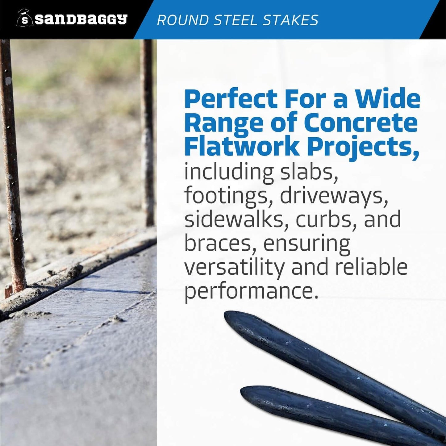 Sandbaggy Round Steel Concrete Form Stakes with Nail Holes - Rust Resistant Coating - Removable, Reusable (10, 3/4 in X 18 in)