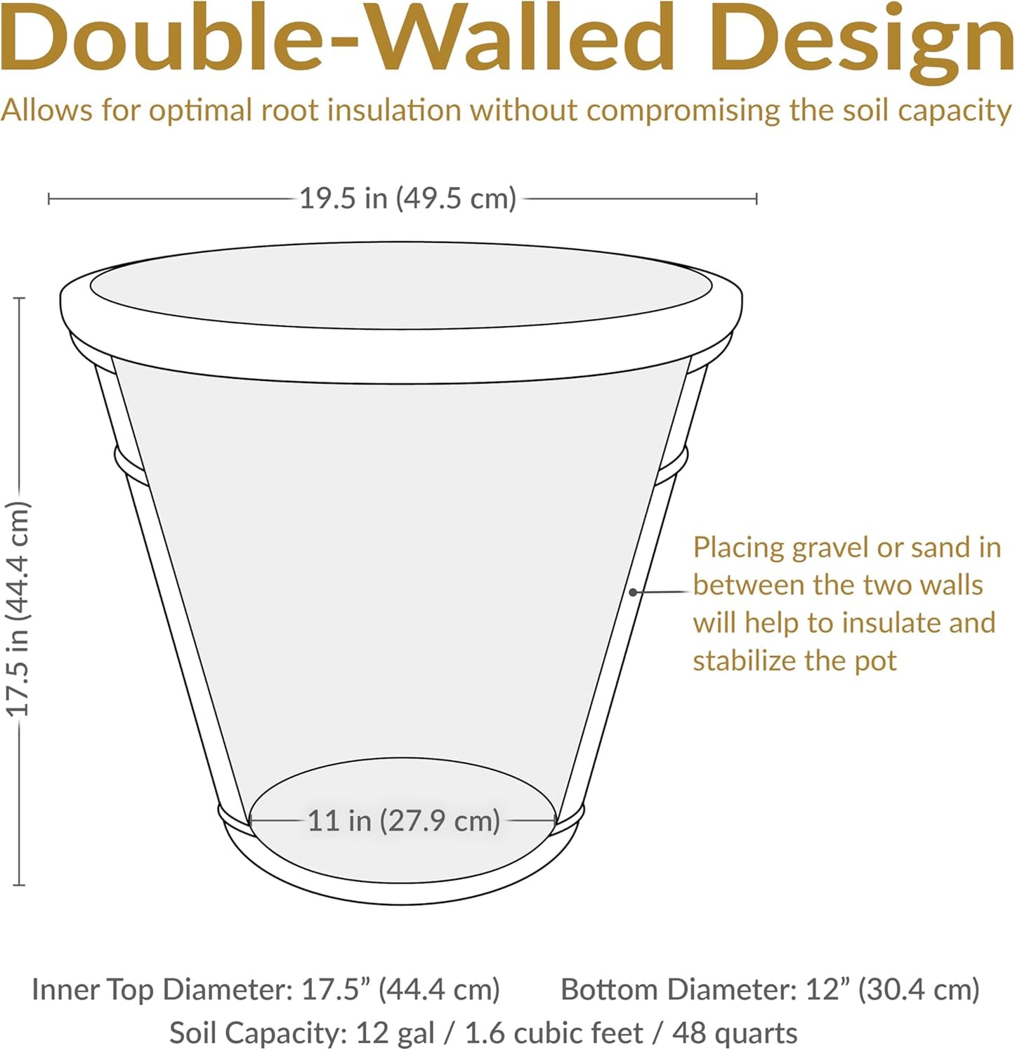 Sunnydaze 19.5-Inch Arabella Large Plant Pot - Polyresin Round Outdoor Planter with Drillable Drainage Holes - Sable