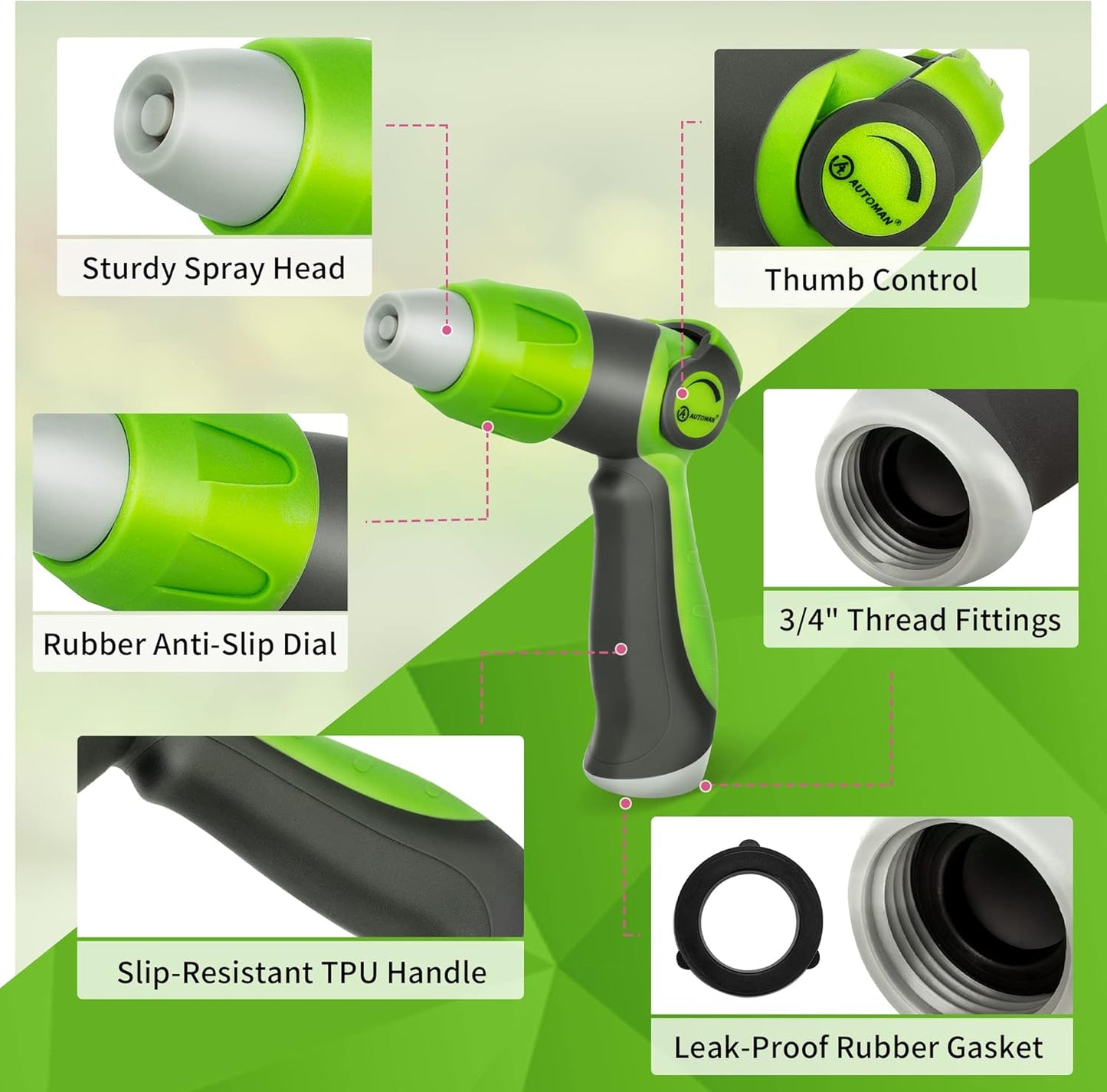 AUTOMAN Garden Hose Nozzle - 2 Pack, Thumb Control Sprayer, Slip-Resistant Water Nozzle, Extra 4 Washers, for Watering Plants Lawn & Garden, Cleaning, Washing Car, Showering Pets