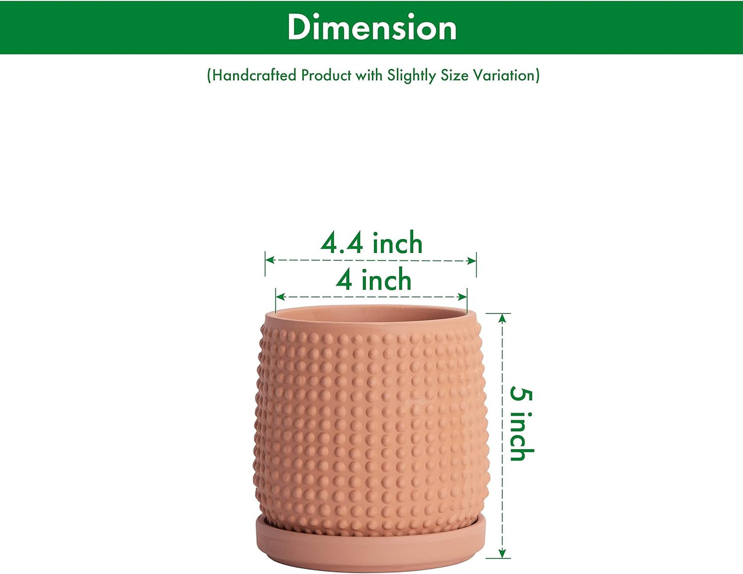 D'vine Dev Set of 2 Ceramic Plants Pots, 4 Inch Beaded Stoneware Flower Pot for Plants with Drainage Hole and Saucer, Terracotta, 27-E-Z-7