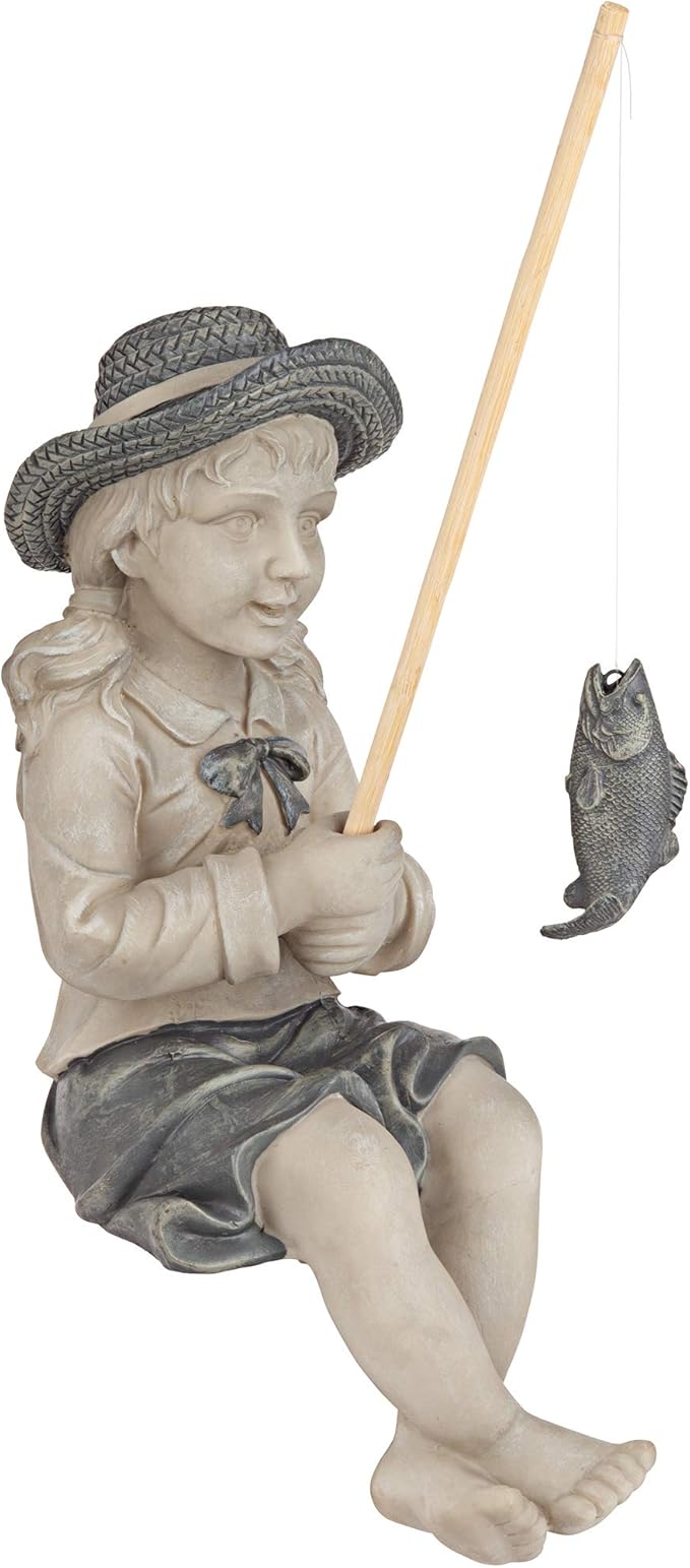 Design Toscano Big Catch Fisherwoman Nellie Girl with Fishing Pole Garden Statue, Medium 17 Inch Tall, Cast Stone Resin, Two Tone Stone Finish