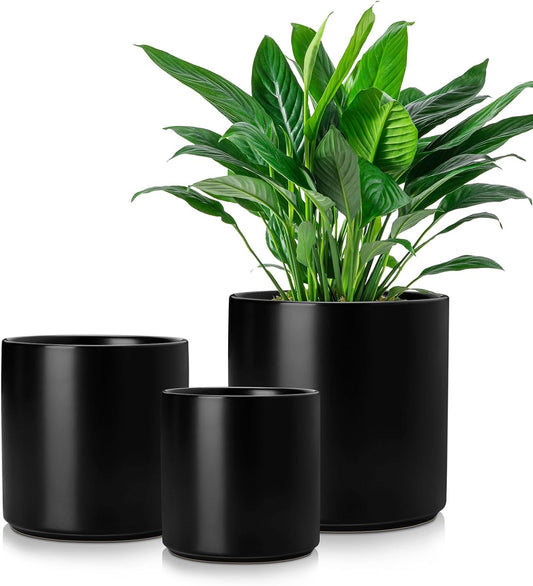 vancasso 6"+8"+10" Ceramic Pot for Plants, Large Outdoor Indoor Planter Pots with Drainage Holes, Set of 3, Black