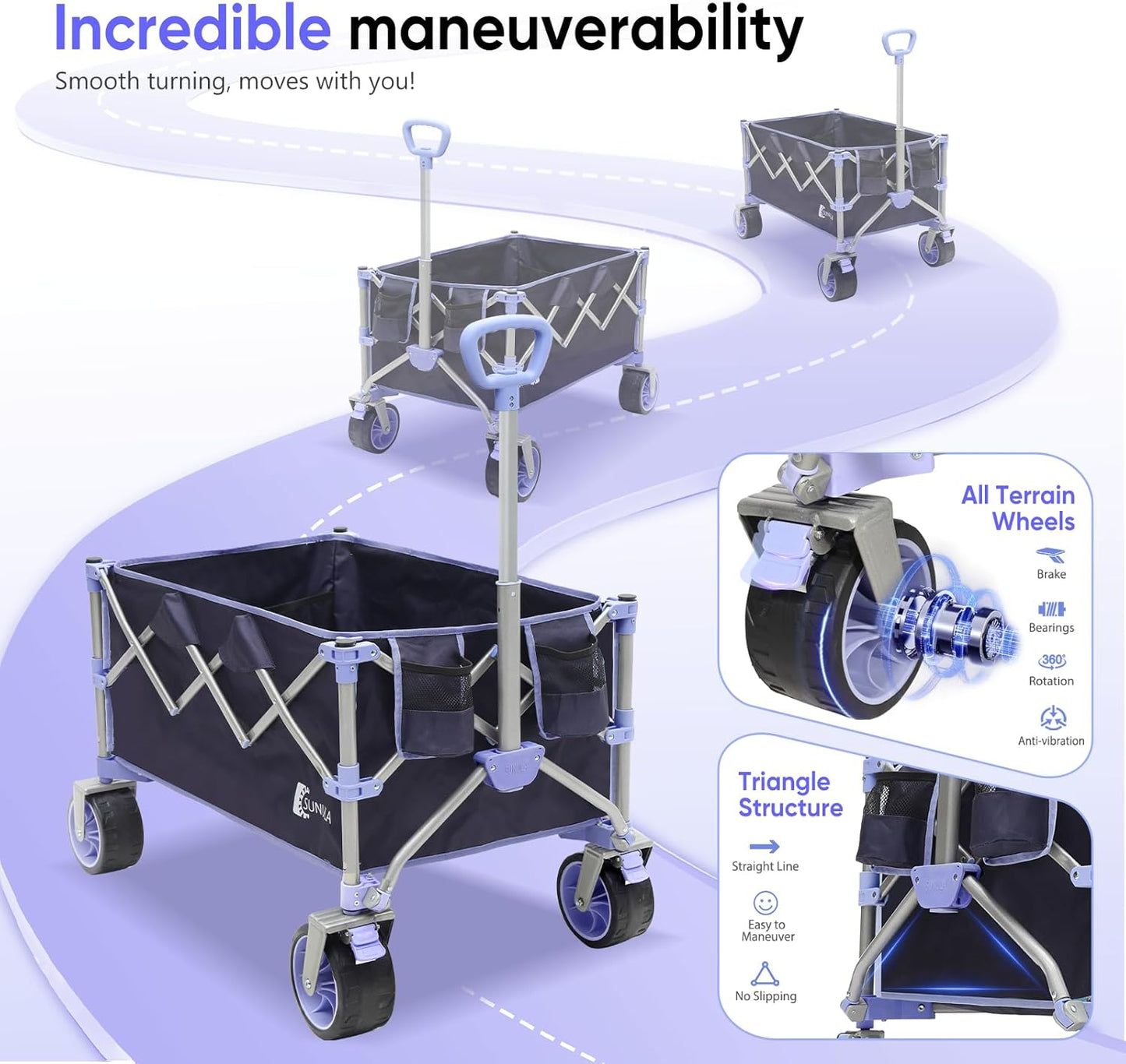 Collapsible Wagon Cart with 440lbs Weight Capacity, Heavy Duty Foldable Wagon with Big All-Terrain Wheels & Drink Holders, Utility Carts for Camping, Garden, Outdoor, Grocery, Sports. Blue