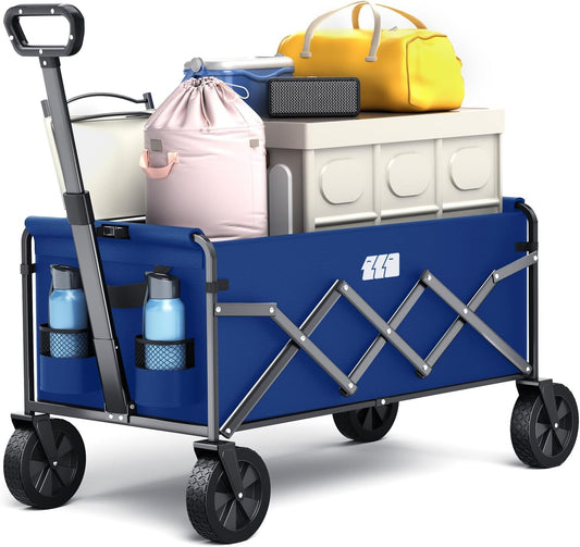 Collapsible Folding Wagon, Heavy Duty Foldable Cart with Wheel, Lightweight Utility Grocery Carts with 200lbs Weight Capacity for Garden, Beach, Camping Sports, Fishing (Royal Blue)