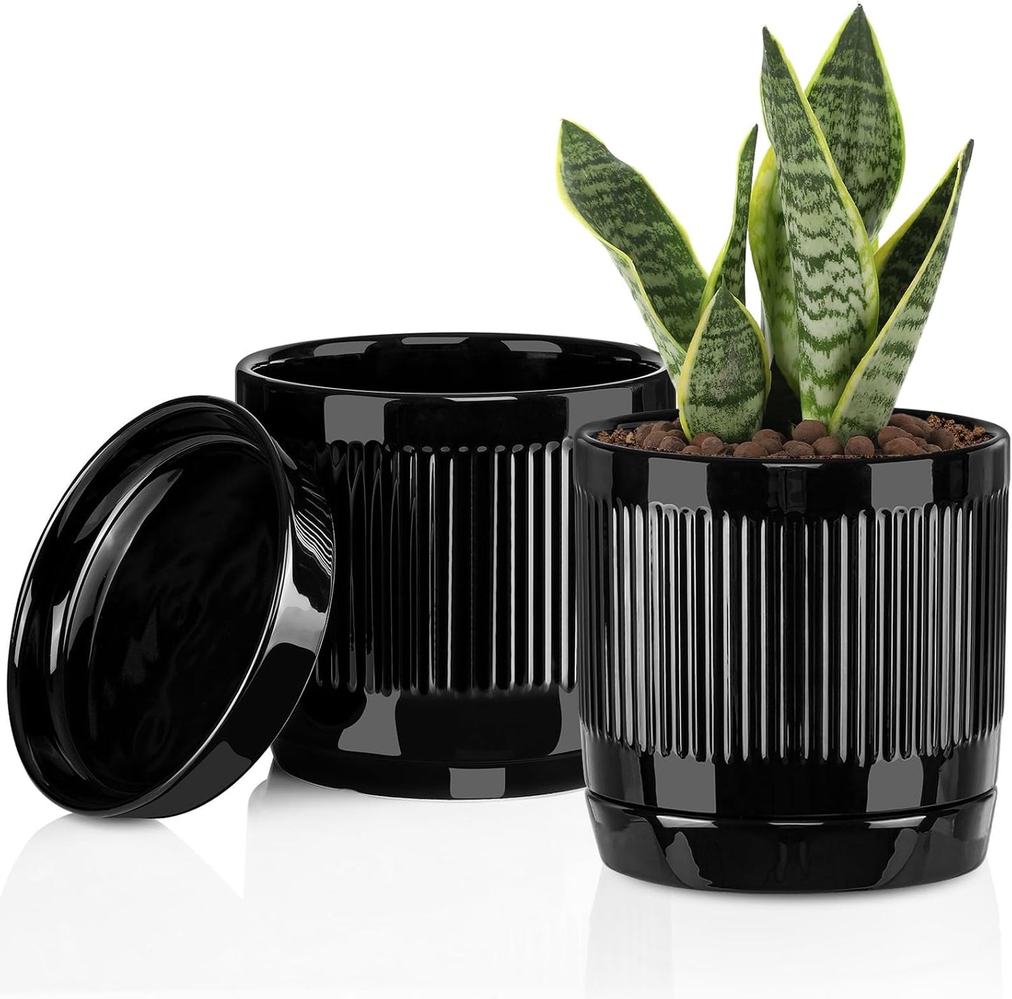 Vanavazon Ceramic Planter Pots for Indoor Plants with Drainage Hole and Saucer,6 Inch Cylinder Plant Pots,Glazed Finish Interior and Exterior,Set of 2 (Black)