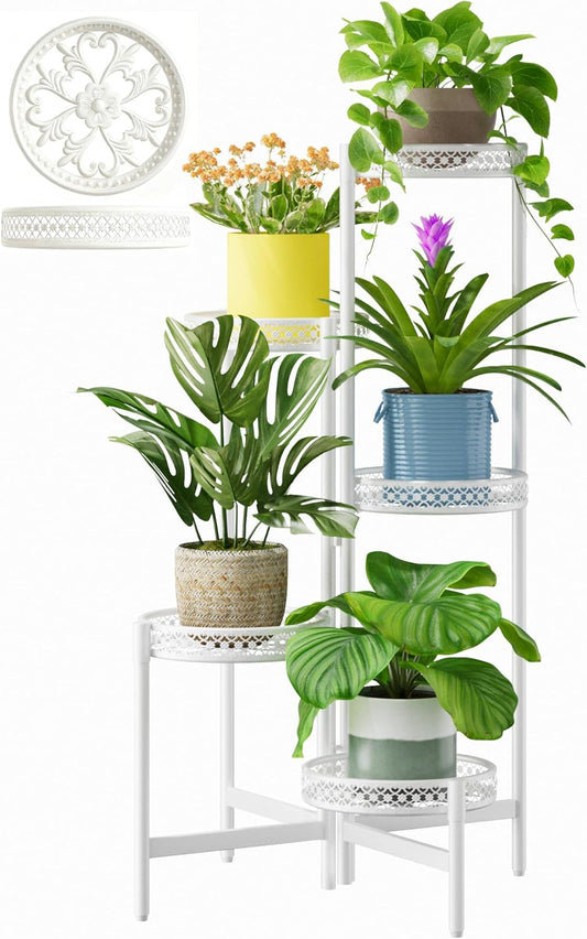 Metal Plant Stand Indoor Outdoor, 5 Tier Tall Flower Pot Holder Potted Display Rack Shelf, Heavy Duty Corner Plant Shelf for Patio Garden Balcony Living Room Bedroom - WhiteWave