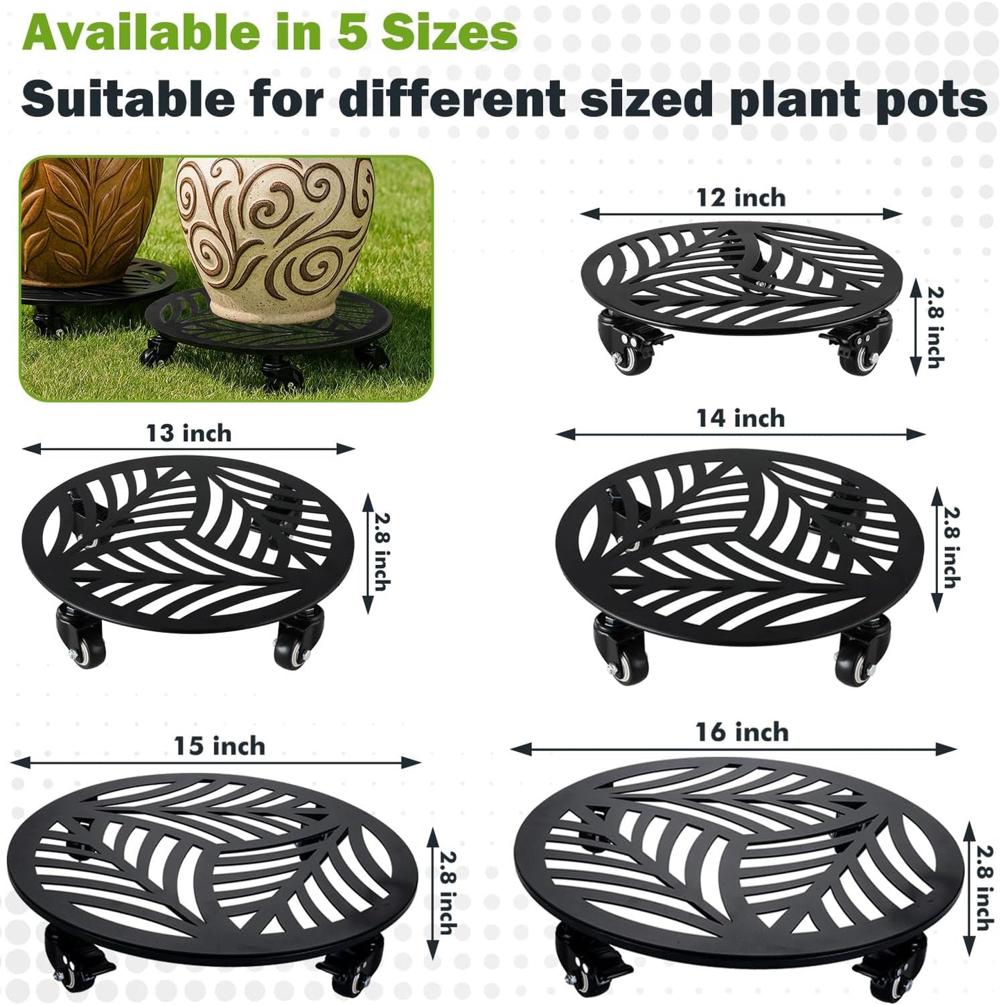 3 Packs Metal Plant Caddy with 3 Metal PU Wheels 12” Heavy-duty Wrought Iron Rolling Plant Stands with Casters Indoor and Outdoor Plant Pot Roller Base Plant Dolly Coaster Movers Black