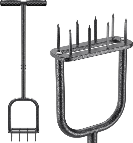BeneLabel Manual Lawn Aerator Spike Tool with 8 Solid Spikes Handheld Grass Plug Aerators for Yard with Soft Rubber T-Handle Improving Lawn Health